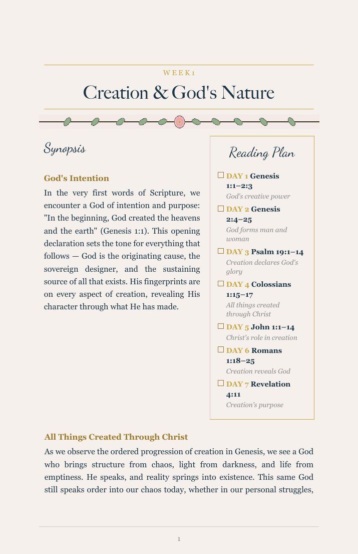 Interior page — Week 1 — Creation & God's Nature