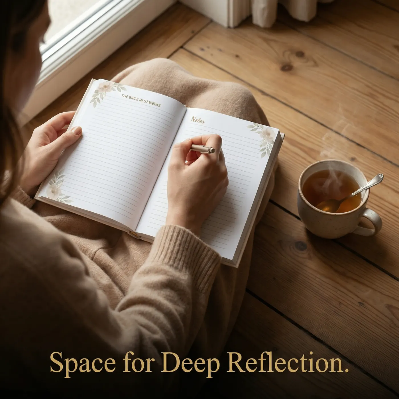 Woman journaling in The Bible in 52 Weeks notes pages with a cup of tea