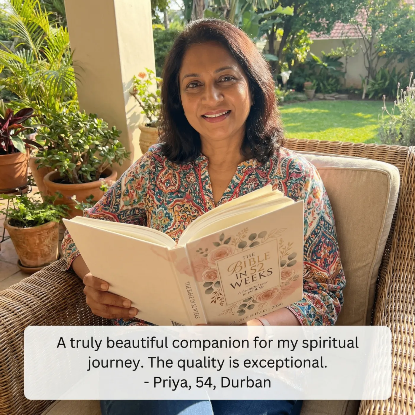 Priya, 54, Durban holding The Bible in 52 Weeks